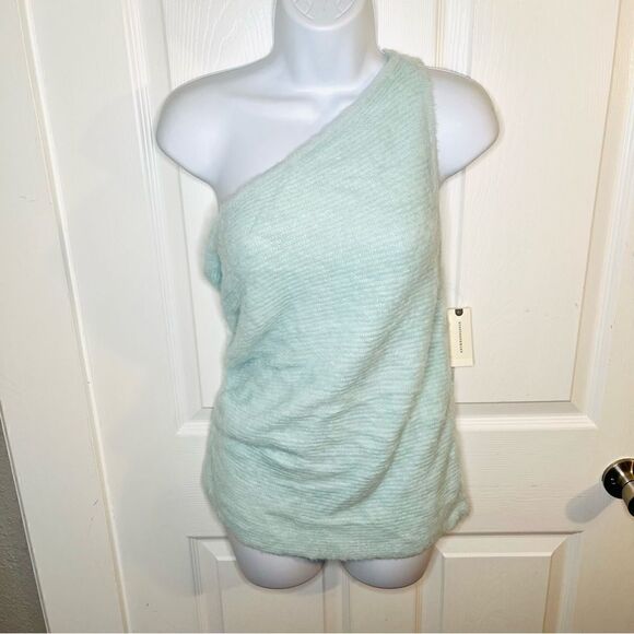 By Anthropologie One-Shoulder Eyelash Sweater Tank Sky Mint Green L NWT - Picture 6 of 13